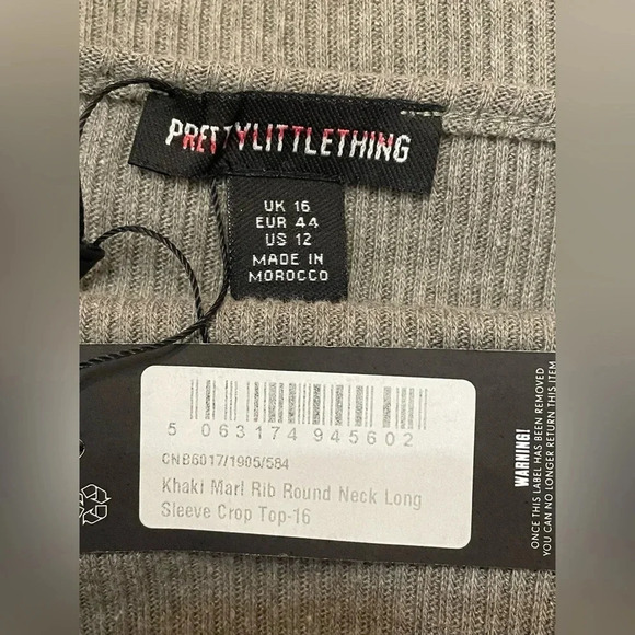 PRETTY LITTLE THING Khaki Marl Rib Round Neck Long Sleeve Crop Top Size 12 - Picture 10 of 11